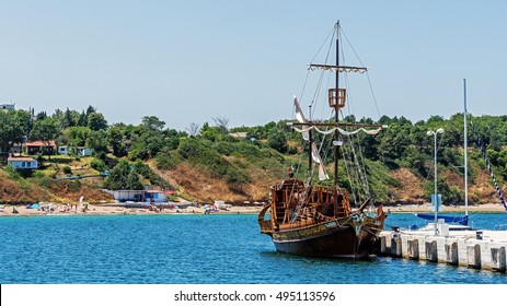 CHERNOMORETS, BULGARIA - JULY 25, 2016: Galleon styled ship moored at the quay in the marina of Chernomorets, city on the Black Sea coast, earlier known as Sveti Nikola (Saint Nicholas). 