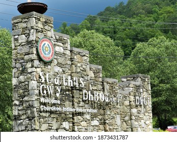 Cherokee Indian Native American Reservation Sign And Eternal Flame Torch