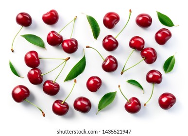 Cherry Background. Cherries Flat Design. Cherry With Leaves.