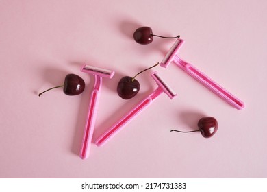 Cherry Berries And Pink Disposable Razors For Women, Shaving Body Hair Concept, Sensitive Skin Association