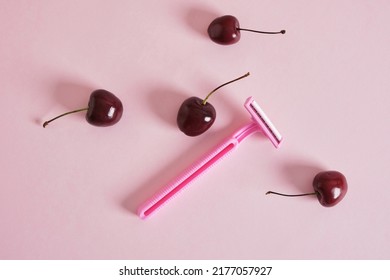 Cherry Berries And Pink Disposable Razors For Women, Shaving Body Hair Concept, Sensitive Skin Association
