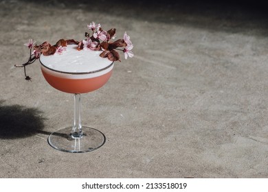 Cherry Blossom Gin Cocktail With Egg White On Concrete In The Sunlight