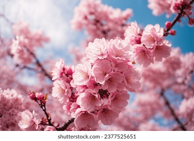 cherry blossom in spring, sakura flowers on blue sky background