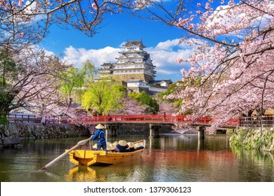Cherry blossoms and castle in Himeji, Japan.