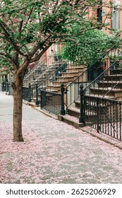 Cherry blossoms flutter down as a tree stands beside quiet stairs, creating a serene atmosphere in the city.