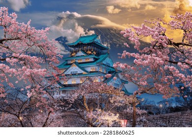 The cherry blossoms are in full bloom with Osaka Castle and Mount Fuji in the background - Shutterstock ID 2281860625