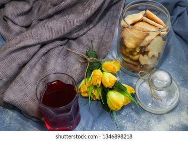  Cherry compote and shortbread in a transparent jar, the taste of childhood. 