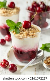 Cherry Cream Trifle  Dessert In Glass, White Background