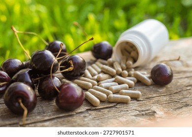 Cherry extract in supplements. Selective focus. Nature.