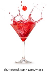 cherry falling into a splashing red cocktail isolated on white