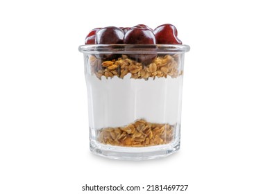 Cherry Greek Yogurt Granola Parfait In A Glass On A White Isolated Background. Toning. Selective Focus