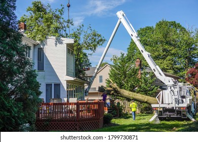 Cherry Hill, New Jersey - August, 2020: A Truck With A Large Crane Being Used By A Tree Service To Remove A Tree That Fell On The Roof Of A House During A Storm