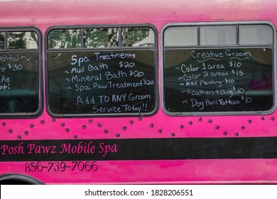 Cherry Hill, New Jersey - July, 2020: A Pink School Bus Used As A Dog Grooming Spa Parked On A Street In Front Of A House