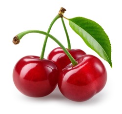 Cherry Isolated. Cherries With Leaf On White Background. Three Sour Cherri On White. Cherry Leaf. With Clipping Path. Full Depth Of Field. Perfect Not AI Cherry, True Photo.