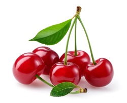 Cherry Isolated. Cherries With Leaf On White Background. Sour Cherri On White. Cherry Leaf. Full Depth Of Field.