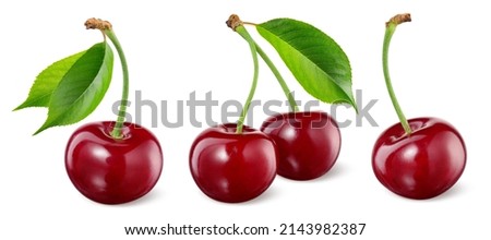 Cherry isolated. Cherries with leaf on white background. Sour cherri with clipping path. Full depth of field.