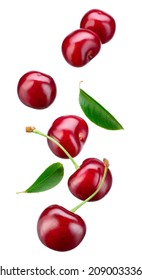 Cherry Isolated. Falling Sour Cherries With Leaves On White Background. Flying Cherry.