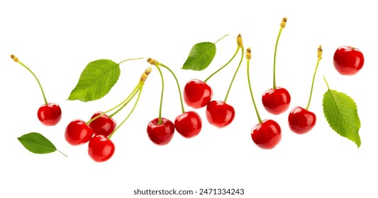 Cherry isolated. Fresh ripe cherries with leaves isolated on a white background.Sweet cherries pile. Berries and fruits. Vegan. Healthy eating. - Powered by Shutterstock