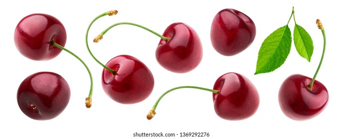 Cherry isolated on white background with clipping path, fresh cherries with stems and leaves, berry collection - Shutterstock ID 1369292276