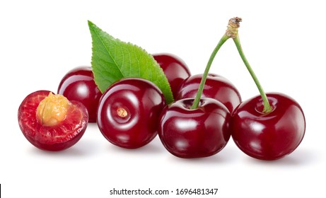 Cherry Isolated. Sour Cherry. Cherries With Leaves On White. Sour Cherries On White. Cut Cherry.