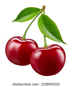 Cherry isolated. Two cherries with leaf on white background. Sour cherri on white. With clipping path. Full depth of field.