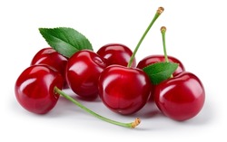 Cherry. Cherry With Leaves On White Background. Cherries With Clipping Path. Cherri Full Depth Of Field.
