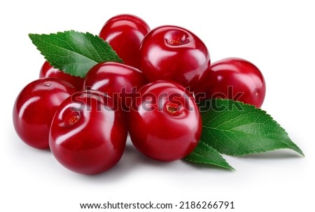 Cherry. Cherry with leaves on white background. Cherries with clipping path. Cherri full depth of field.