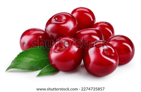 Cherry. Cherry with leaves on white background. Perfect retouched cherries with clipping path. Cherri full depth of field.