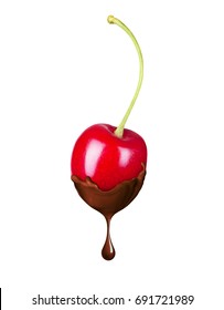 Cherry In Liquid Hot Chocolate Isolated On White Background 