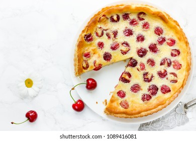 Cherry Pie With Cream Filling, French Dessert Clafoutis With Red Sweet Cherries