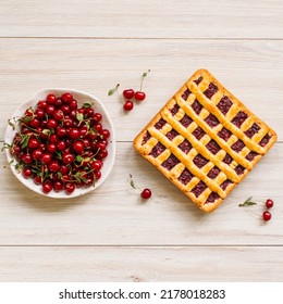 Cherry Pie. Delicious Summer Homemade Cake With Cherries. Sweet Pirog Dessert.Tasty Christmas Pie.Summer Pie.Healthy Nutrition, Vegan Dessert, Selective Focus.