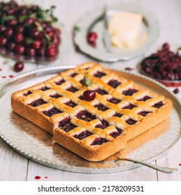 Cherry Pie. Delicious Summer Homemade Cake With Cherries. Sweet Pirog Dessert.Tasty Christmas Pie .Summer Pie.Healthy Nutrition, Vegan Dessert, Selective Focus.