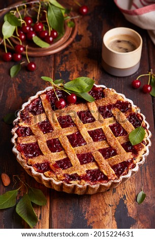 Cherry pie. Delicious summer homemade American cake with cherries. Sweet dessert 