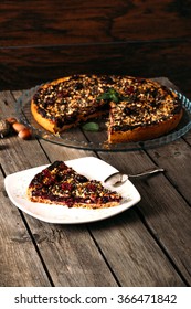 Cherry pie on the rustic dark table.Selective focus and small depth of field.