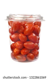 Cherry Plum Tomatoes In Plastic Container Packed.