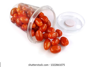 Cherry Plum Tomatoes In Plastic Container Packed.