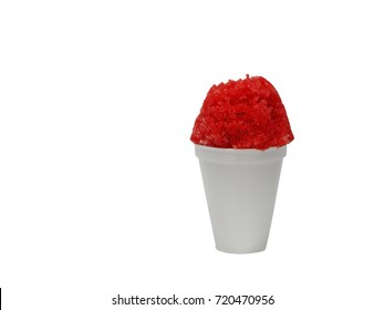 Cherry Red Or Tigers Blood Shave Ice Or Snow Cone In A White Cup With A White Background.