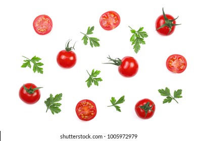 Cherry Small Tomatoes With Parsley Leaves Isolated On White Background. Set Or Collection. Top View. Flat Lay