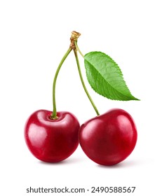 Cherry with stem and leaf isolated on white background. 