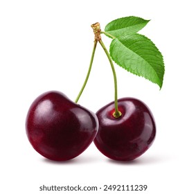 Cherry with stem and leaf isolated on white background. 