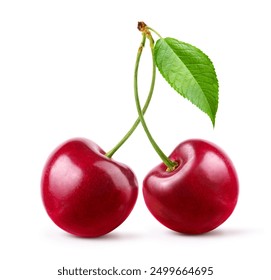 Cherry with stem and leaf isolated on white background. 