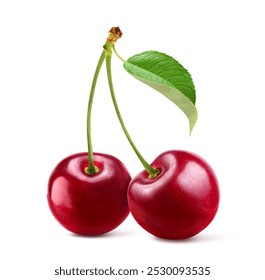 Cherry with stem and leaf isolated on white background. 