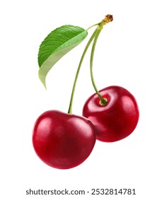 Cherry with stem and leaf isolated on white background. Clipping path.