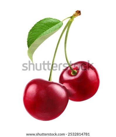 Cherry with stem and leaf isolated on white background. Clipping path.