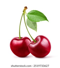 Cherry with stem and leaves isolated on white background. 