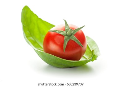 Cherry Tomato And Basil On A White Background