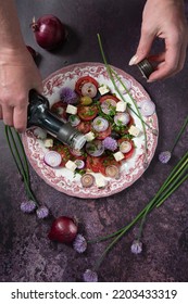 Cherry Tomato Salad With Purple Onion, Feta Chees And Balsamic Vinegar, Flat Lay