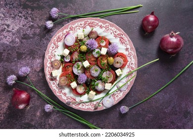 cherry tomato salad with purple onion, feta chees and balsamic vinegar, flat lay - Shutterstock ID 2206034925