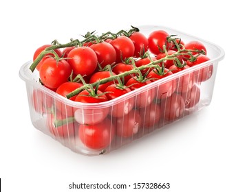 Cherry Tomatoes In A Container Isolated On White