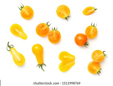 Cherry Tomatoes Isolated On White Background. Yellow Pear, Isis Candy Cherry Tomato. Top View, Flat Lay